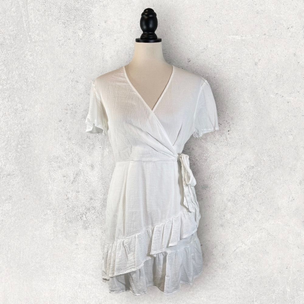 Princess Polly Company For One Faux Wrap Dress White Gauzy Crinkle, Size 10
